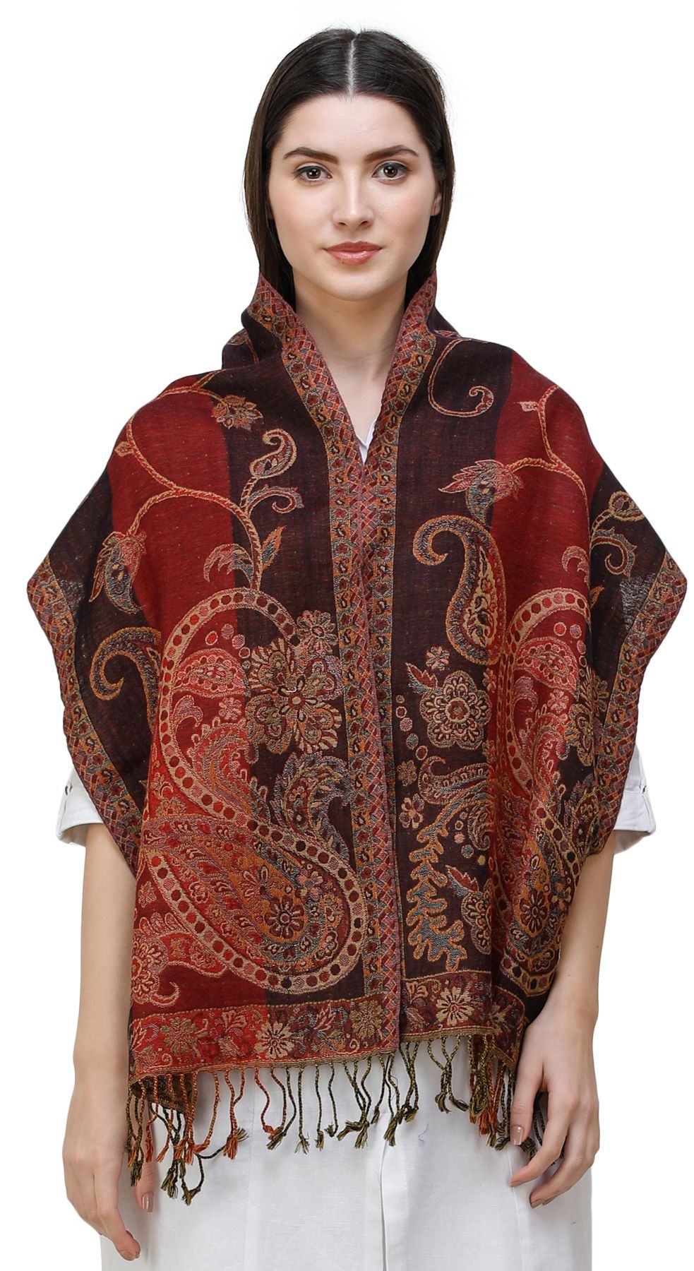 Oxblood-Red Reversible Jamawar Scarf from Amritsar with Woven Paisleys