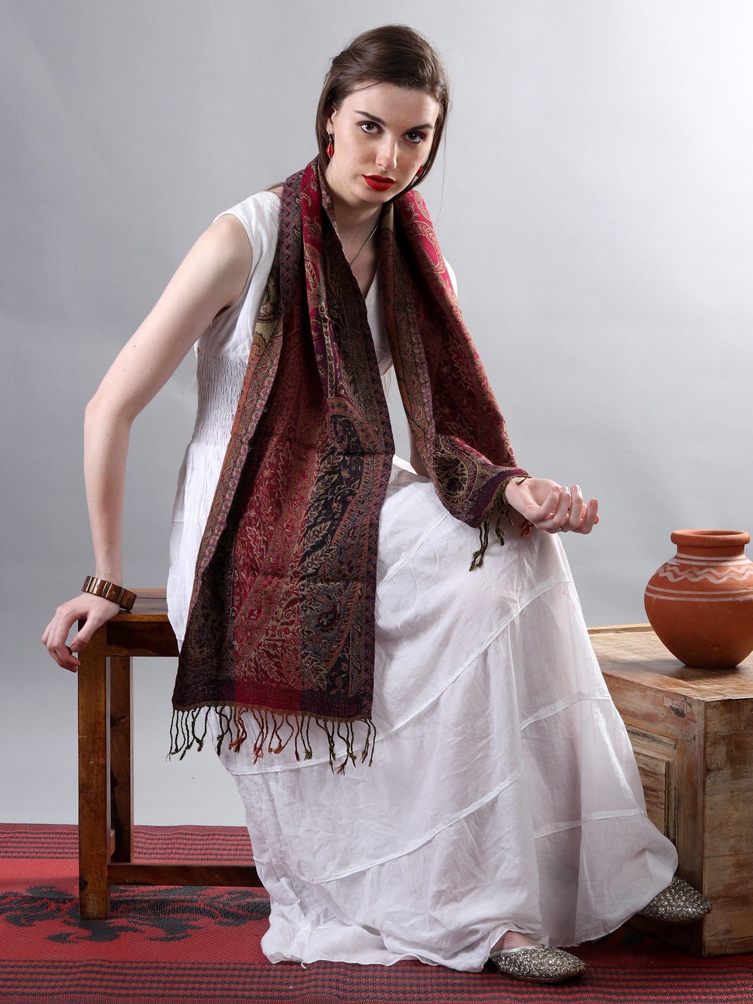 Deep-Wine Reversible Jamawar Scarf from Amritsar with Woven Paisleys