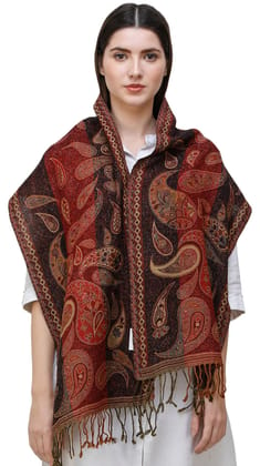 Garnet Reversible Jamawar Scarf from Amritsar with Woven Paisleys