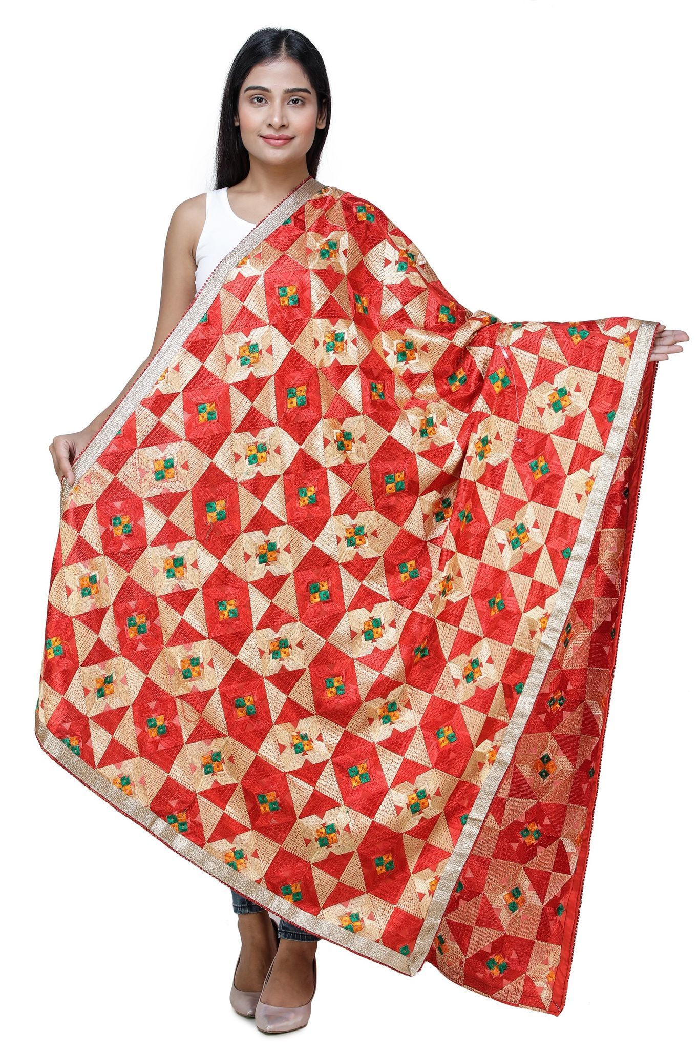 Flame-Scarlet Phulkari Dupatta from Punjab with Geometric Patterns and Zari Border