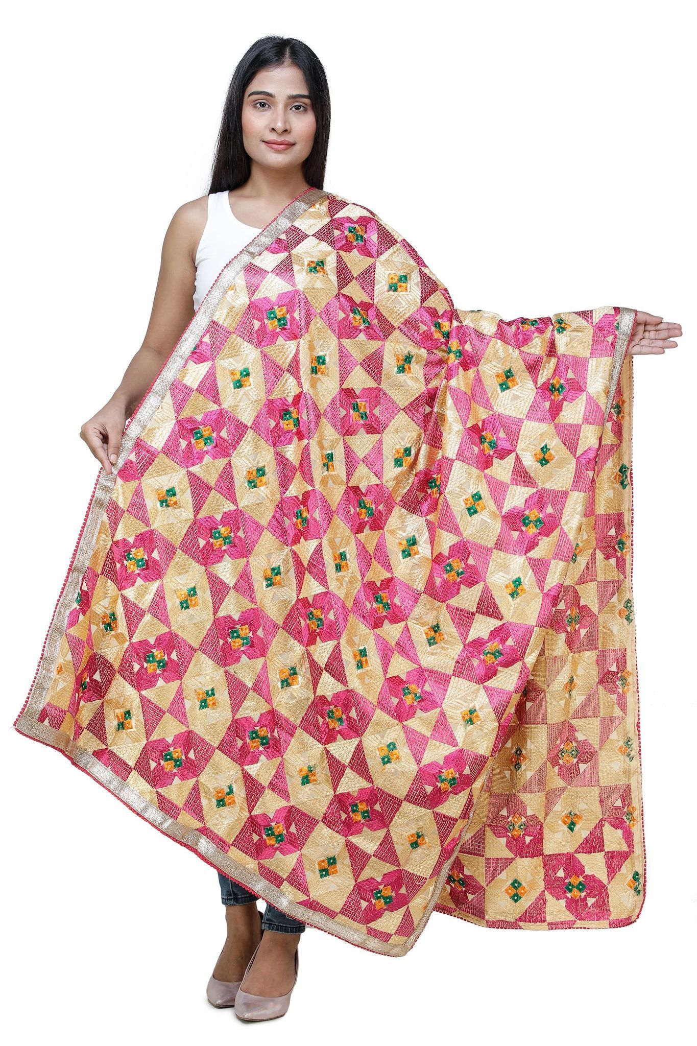 Magenta Phulkari Dupatta from Punjab with Geometric Patterns and Zari Border