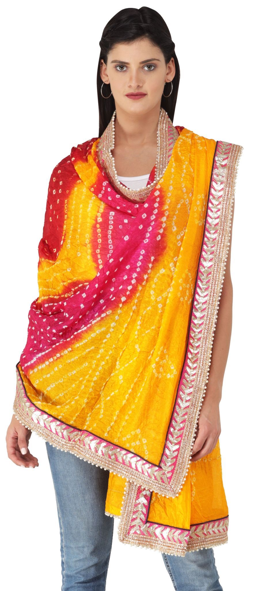 Scarlet-Marigold Multi-coloured Tie-Dye Bandhani Dupatta From Gujarat with Zari Patch Border and Beadwork