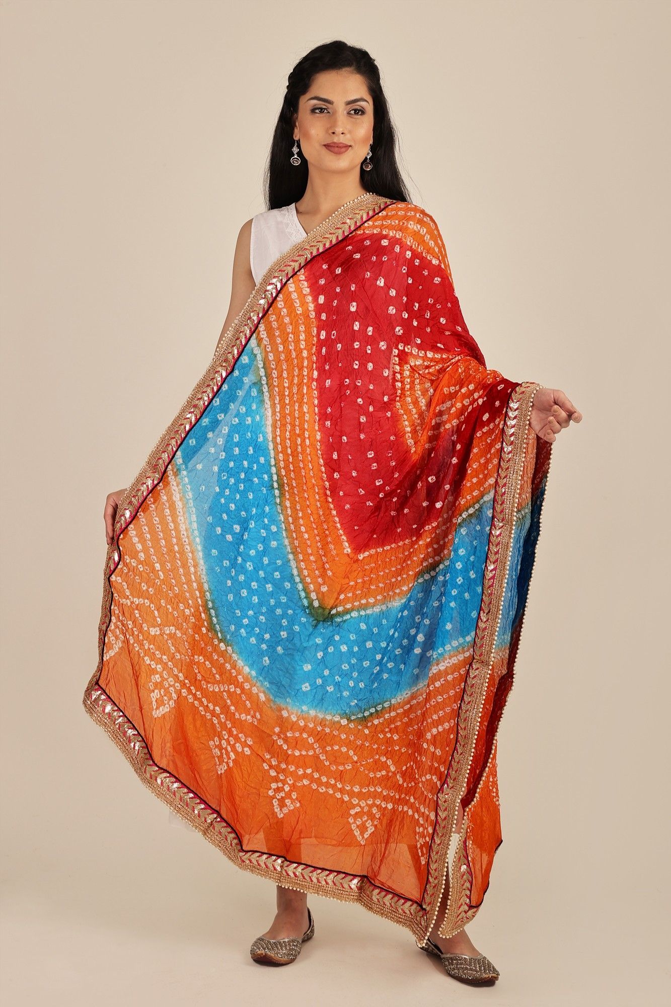 Methyl-Blue Multi-coloured Tie-Dye Bandhani Dupatta From Gujarat with Zari Patch Border and Beadwork