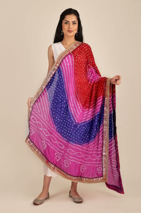 Deep-Blue Multi-coloured Tie-Dye Bandhani Dupatta From Gujarat with Zari Patch Border and Beadwork