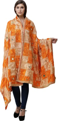 Russet-Orange Phulkari Dupatta from Punjab with Embroidery All-Over and Mirrors