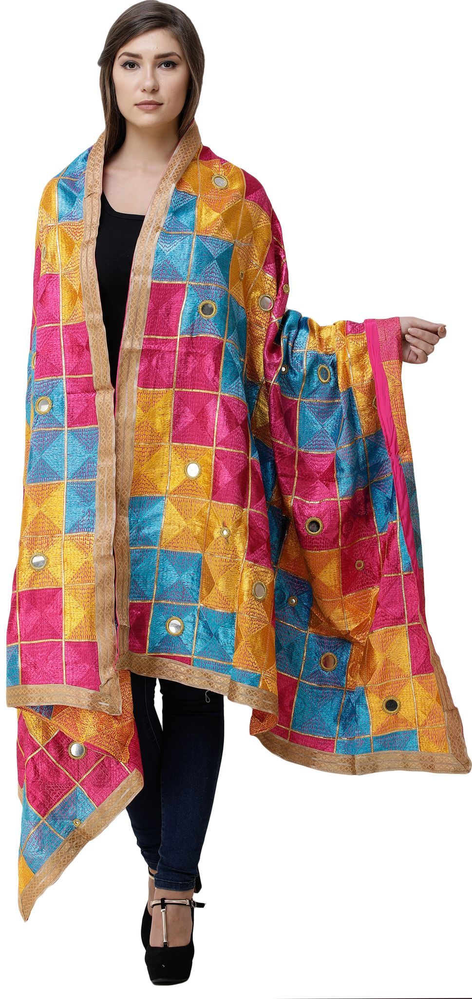 Flambe And Cyan Phulkari Dupatta from Punjab with Embroidery All-Over and Mirrors