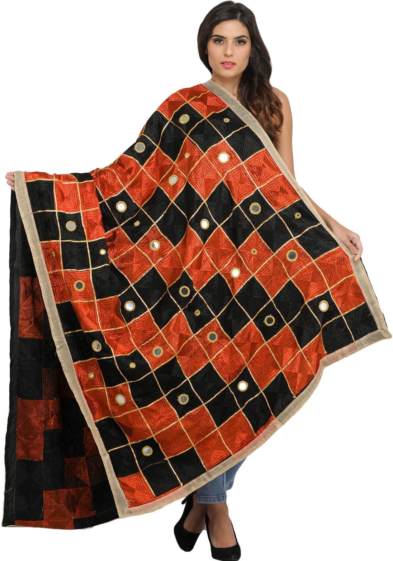 Black and Orange Phulkari Dupatta from Punjab with Embroidery All-Over and Mirrors