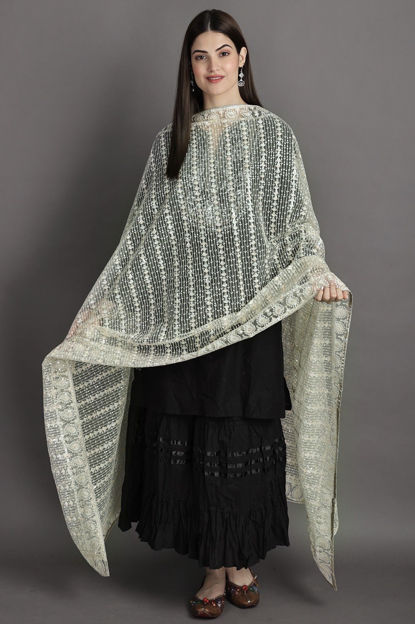 Quite-Gray Heavy Embroidered Net Dupatta With Paisley