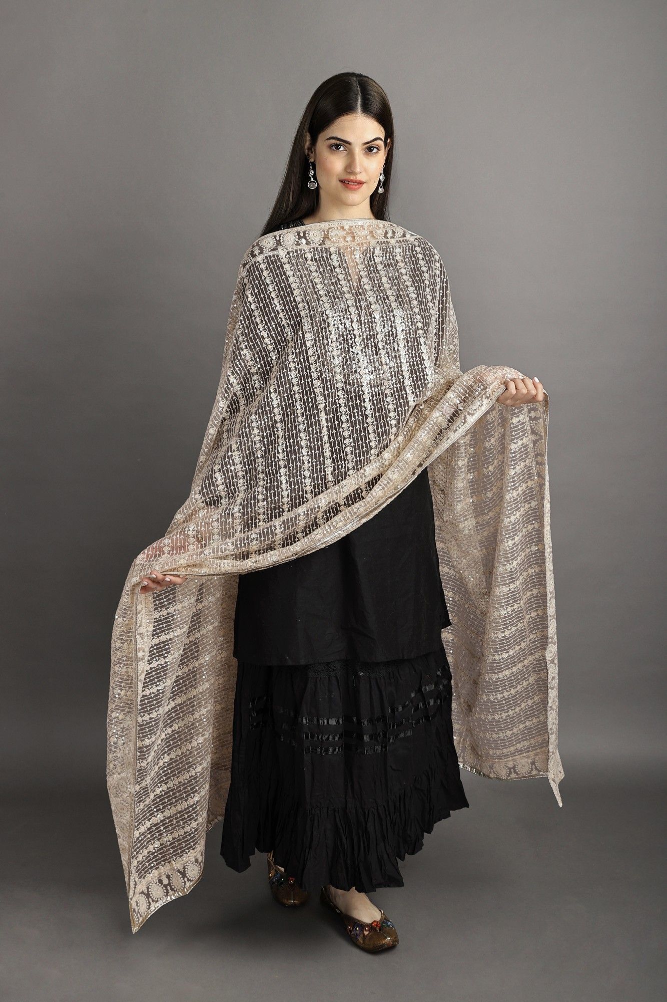 Peachy-Keen Heavy Embroidered Net Dupatta With Paisley