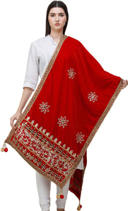 Llipstick-Red Dupatta from Amritsar Embellished with Gota Patches on Border and Mirrors