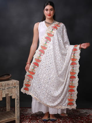 White Phulkari Dupatta from Punjab with Multicolor Pair Of Peacock Embroidered Motif and Bead-Mirror Work