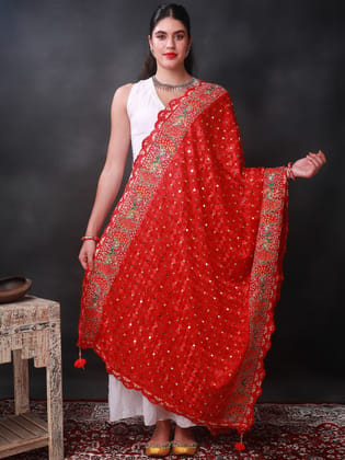 Red Phulkari Dupatta from Punjab with Multicolor Pair Of Peacock Embroidered Motif and Bead-Mirror Work