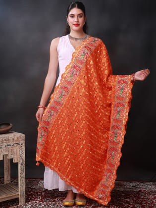 Orange Phulkari Dupatta from Punjab with Multicolor Pair Of Peacock Embroidered Motif and Bead-Mirror Work