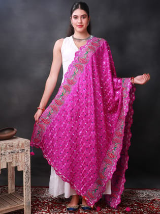 Fuschia Phulkari Dupatta from Punjab with Multicolor Pair Of Peacock Embroidered Motif and Bead-Mirror Work