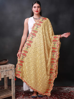 Beige Phulkari Dupatta from Punjab with Multicolor Pair Of Peacock Embroidered Motif and Bead-Mirror Work