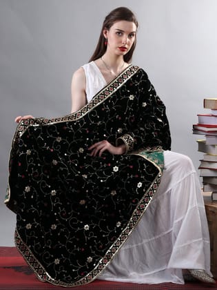 Bottle-Green Zari Embroidered Bail With Sequinned Flowers and Multicolour Thread Kite On Velvet Dupatta From Amritsar