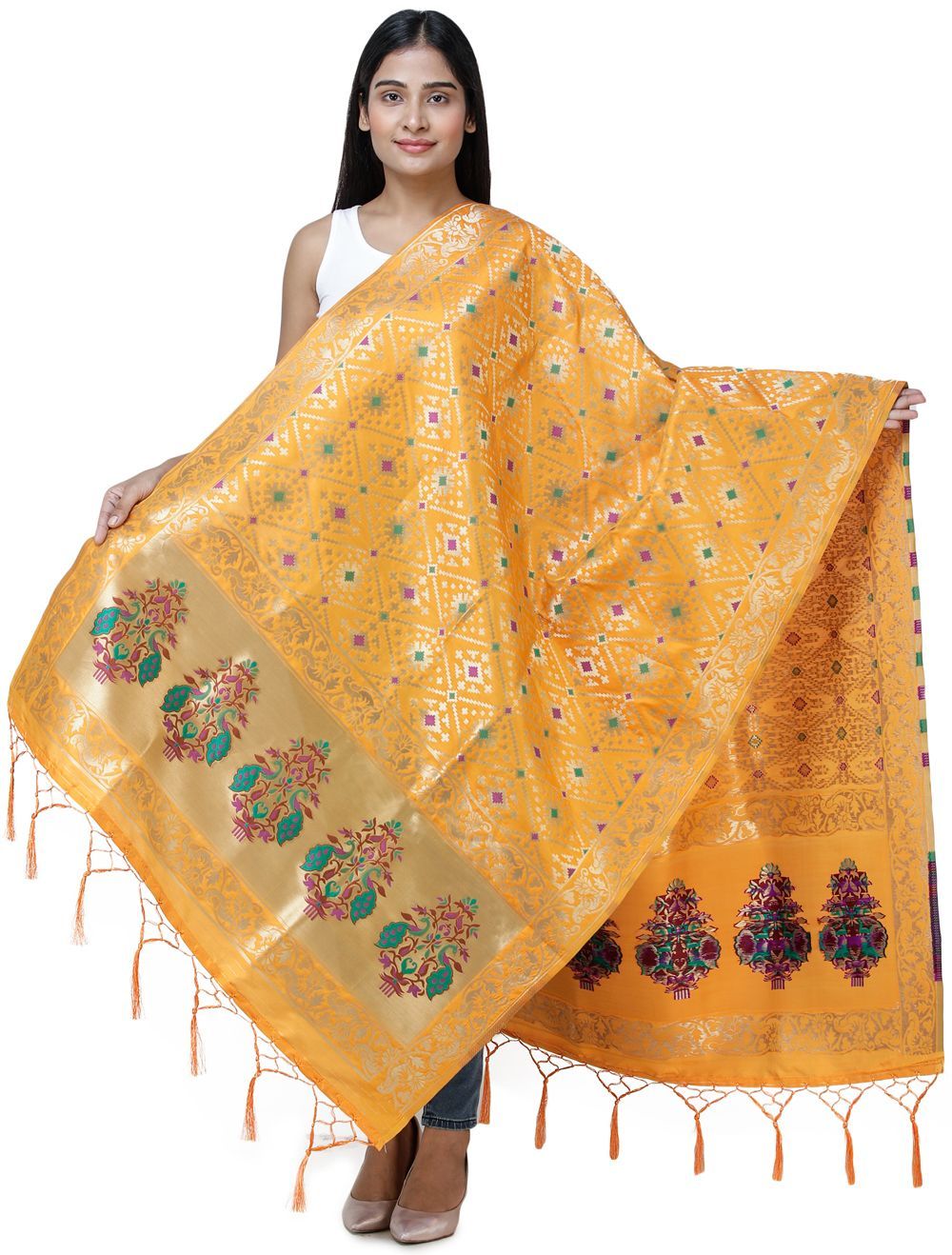 Orange-Pepper Brocade Dupatta from Gujarat with Birds and Geometric Motifs All-Over