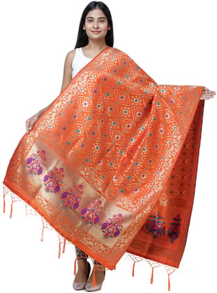 Mandarin-Orange Brocade Dupatta from Gujarat with Birds and Geometric Motifs All-Over