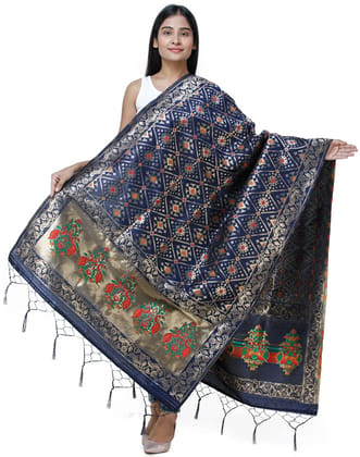 Ocean-Cavern Brocade Dupatta from Gujarat with Birds and Geometric Motifs All-Over