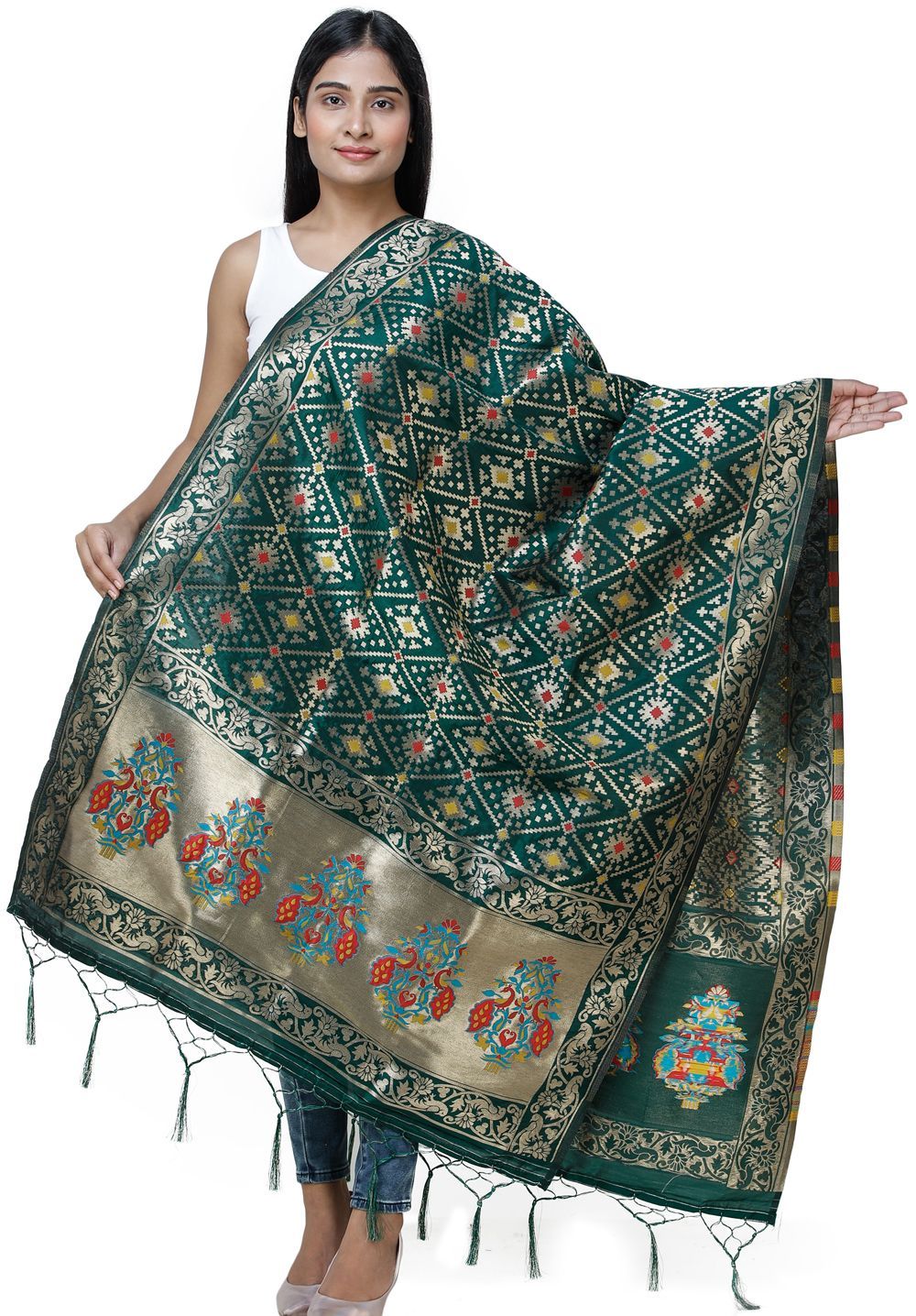 Eden Brocade Dupatta from Gujarat with Birds and Geometric Motifs All-Over