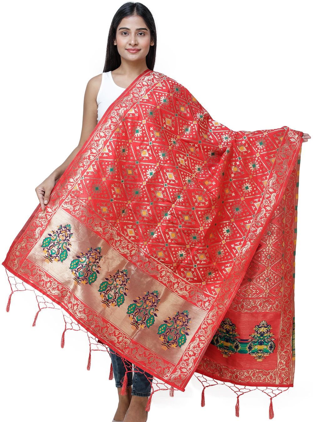 Flame scarlet Brocade Dupatta from Gujarat with Birds and Geometric Motifs All-Over