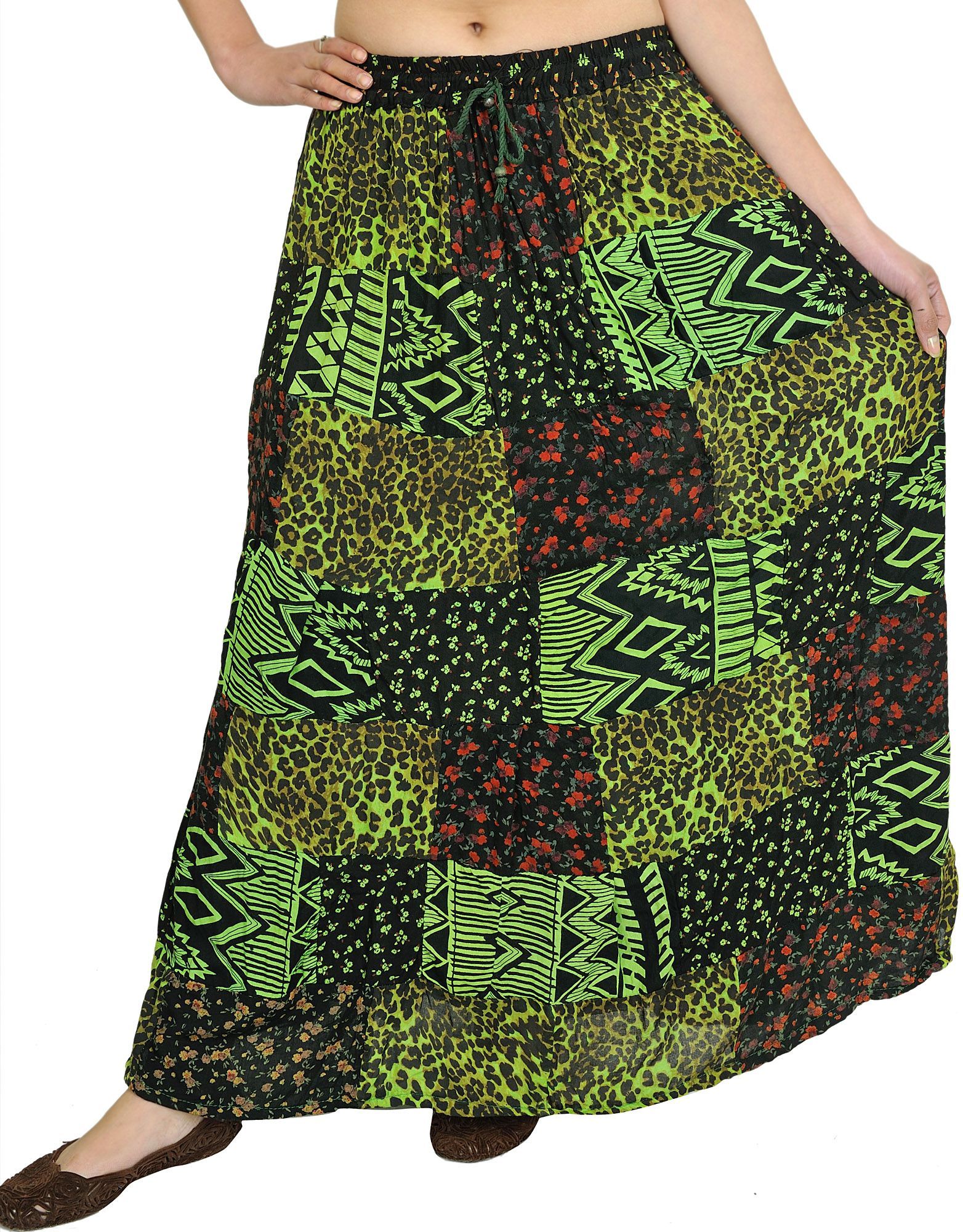 Green Printed Long Boho Skirt from Gujarat with Patch Work