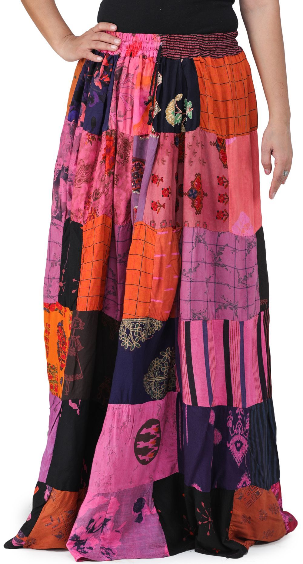 Pink-Peacock Printed Long Boho Skirt from Gujarat with Patch Work