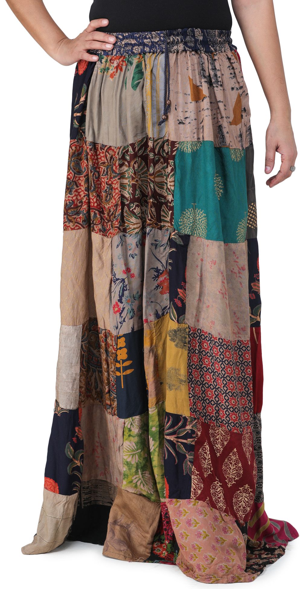 Cafe-Mocha Printed Long Boho Skirt from Gujarat with Patch Work