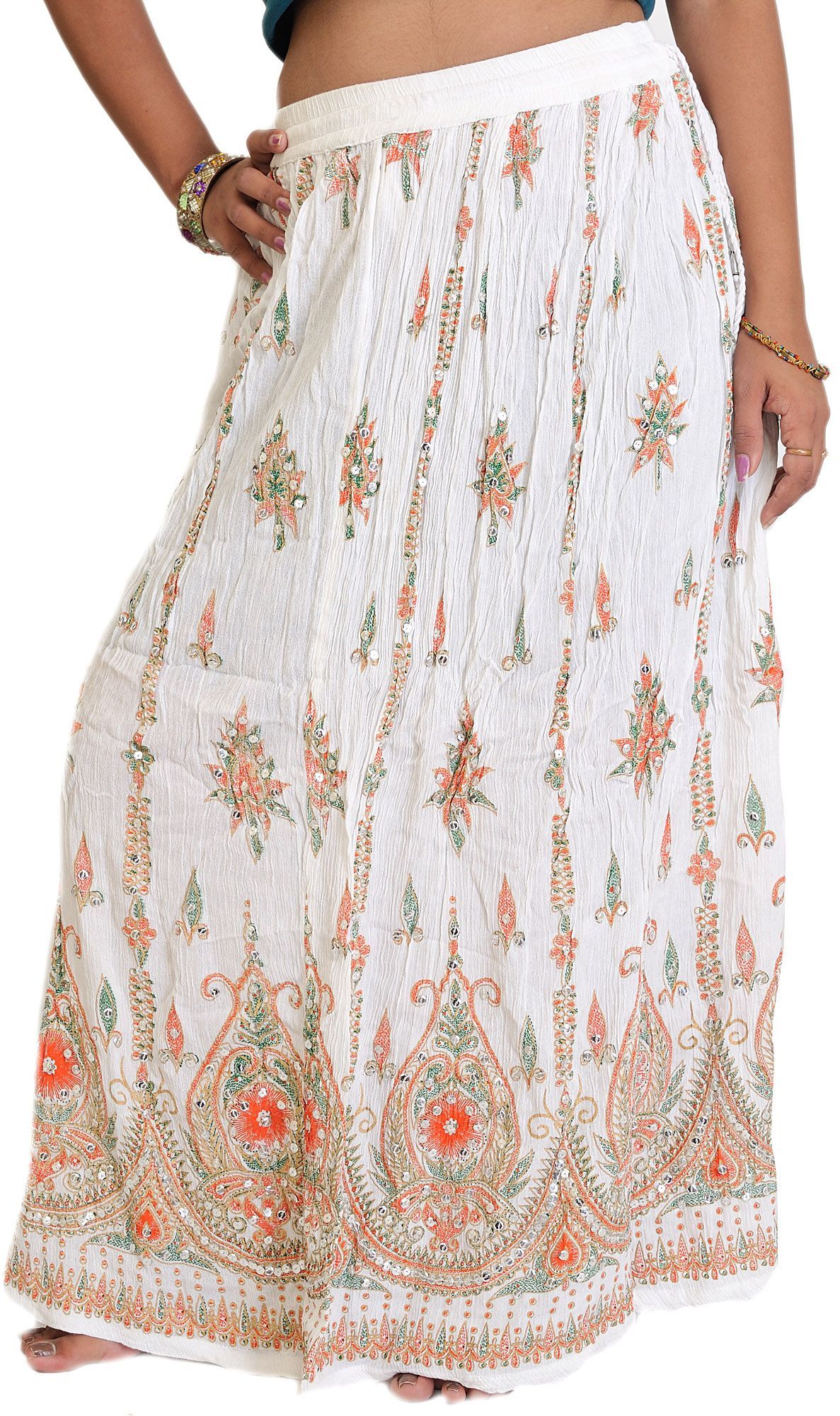 White Long Skirt With Printed Flowers and Embroidered Sequins