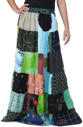 Aqua-Splash Printed Long Boho Skirt from Gujarat with Patch Work