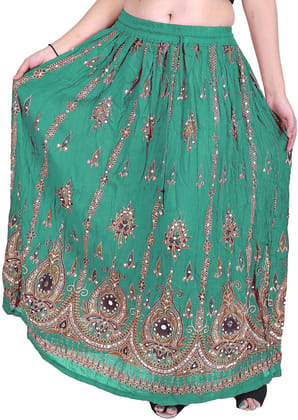 Spectra-Green Long Skirt With Printed Flowers and Embroidered Sequins