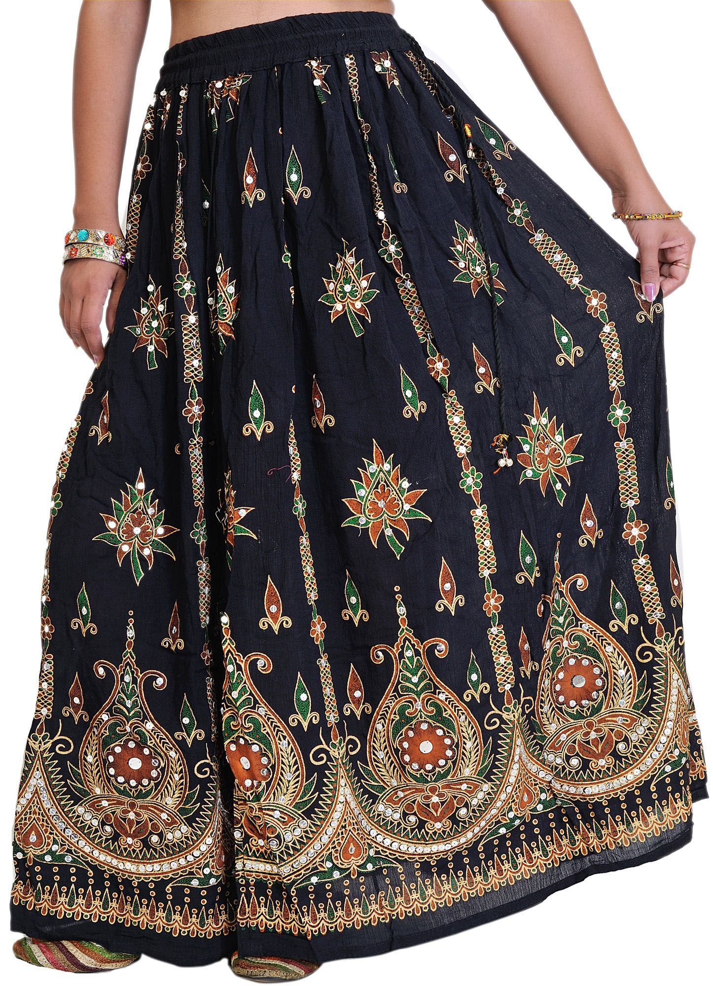 Phantom-Black Long Skirt With Printed Flowers and Embroidered Sequins