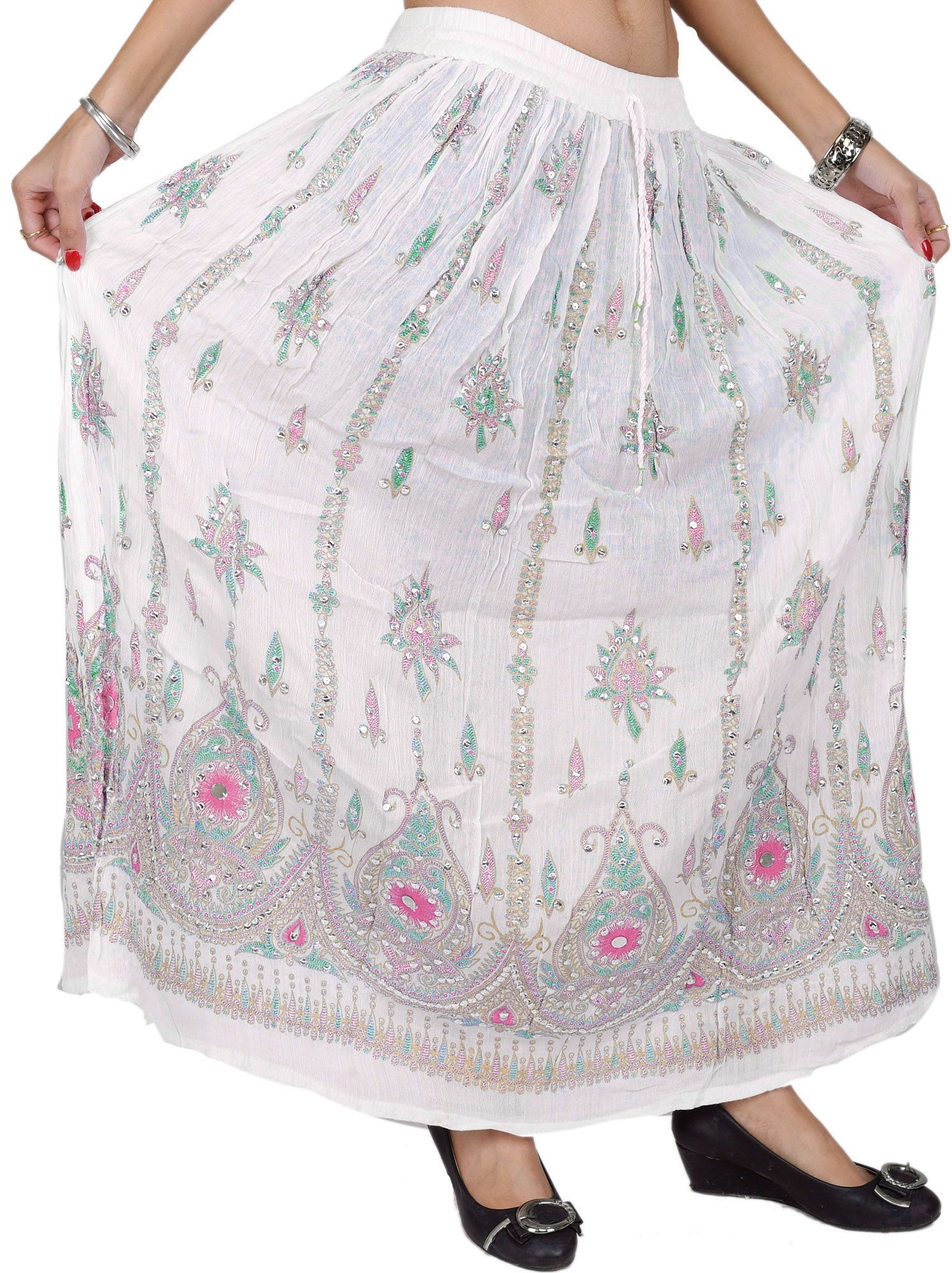 Ivory Long Skirt With Printed Flowers and Embroidered Sequins