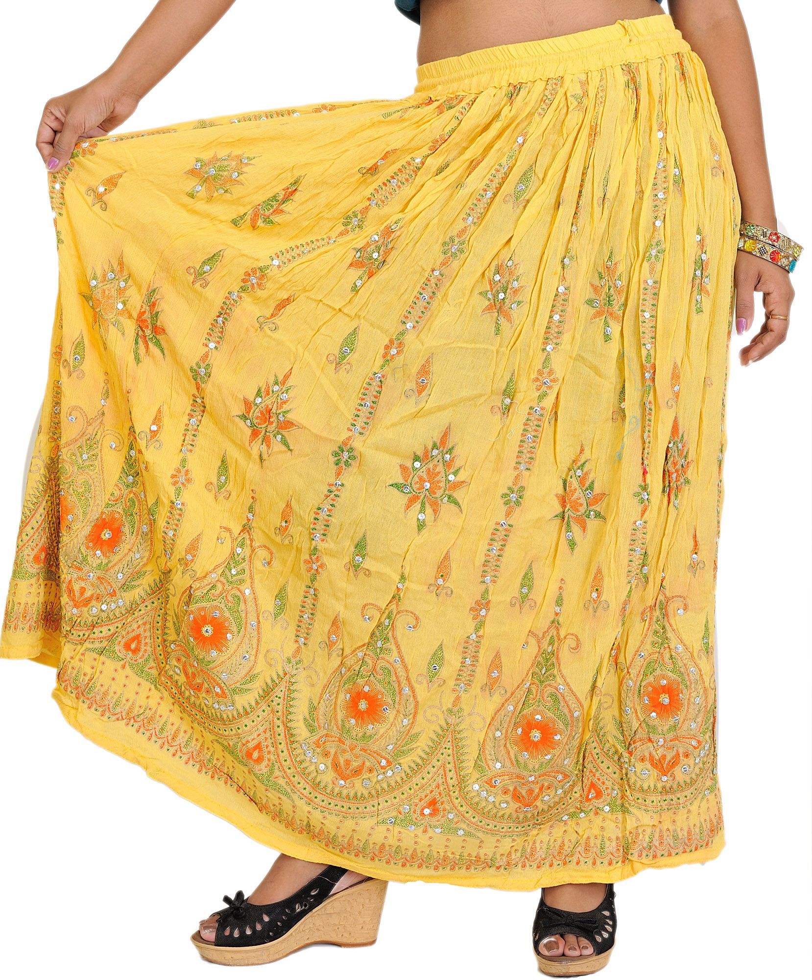 Banana-Cream Long Skirt With Printed Flowers and Embroidered Sequins