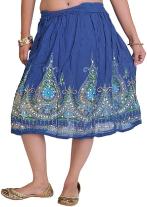 True-Blue Short Skirt With Printed Flowers and Embroidered Sequins