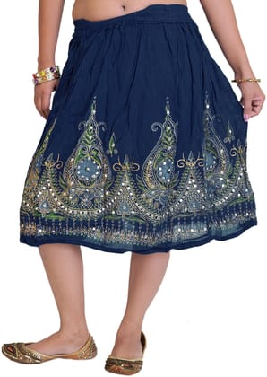 Navy-Blue Short Skirt With Printed Flowers and Embroidered Sequins