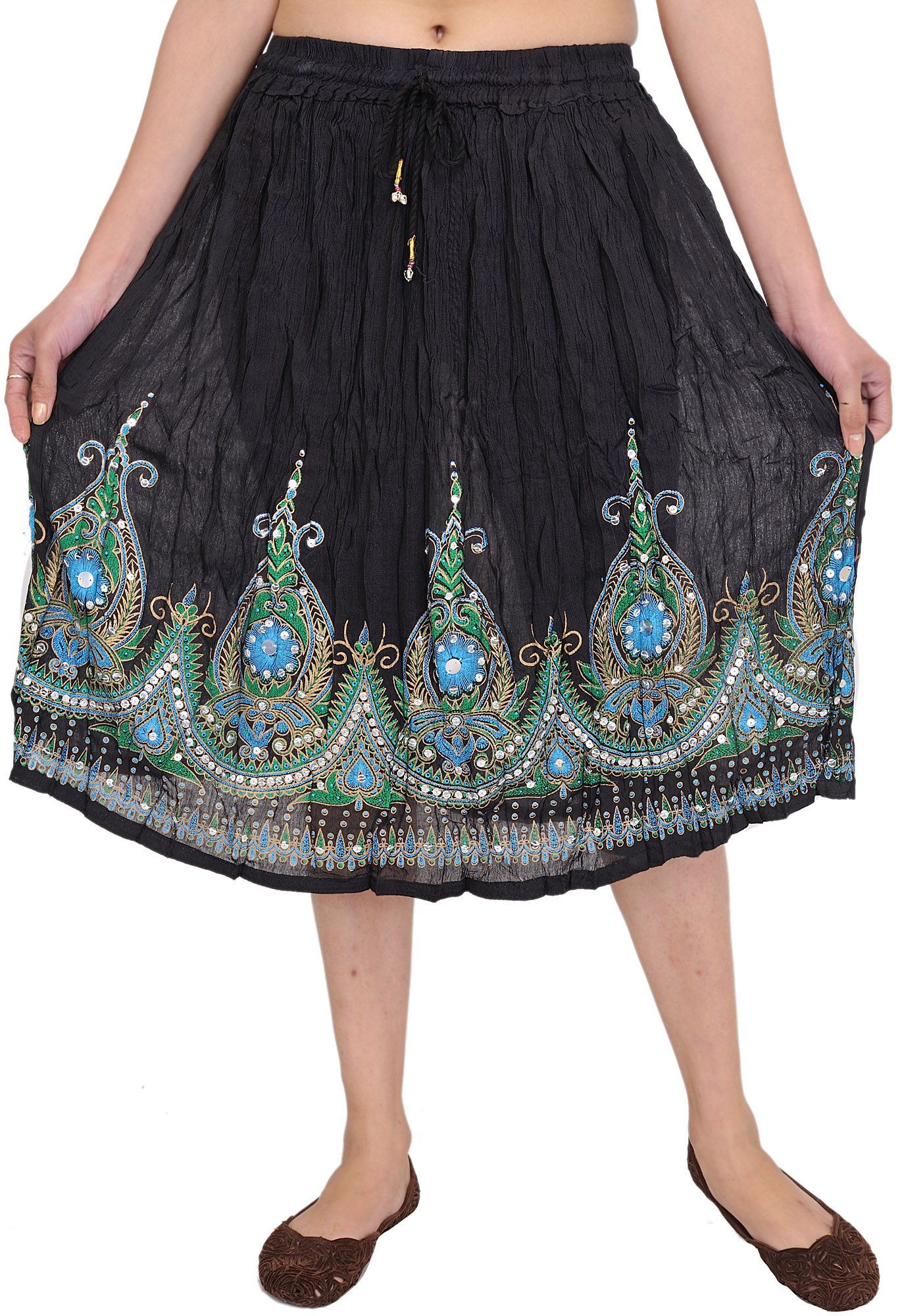 Jet-Black Short Skirt With Printed Flowers and Embroidered Sequins