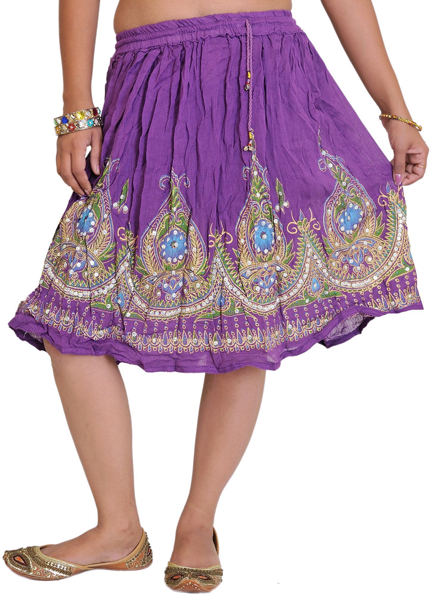 Amaranth-Purple Short Skirt With Printed Flowers and Embroidered Sequins