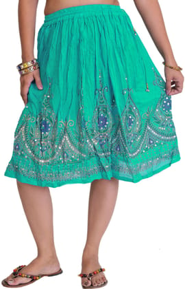 Emerald Short Skirt With Printed Flowers and Embroidered Sequins