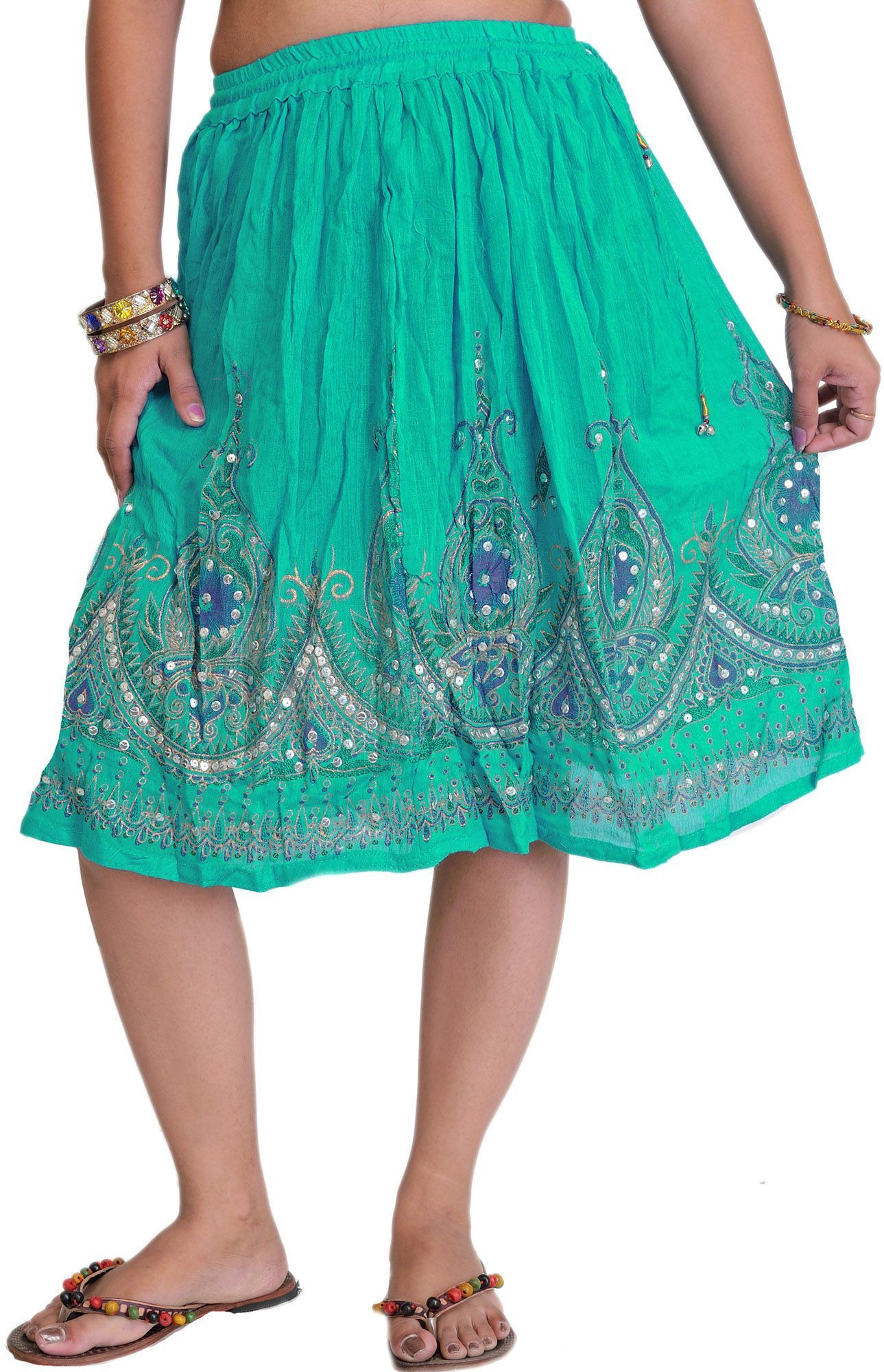 Emerald Short Skirt With Printed Flowers and Embroidered Sequins