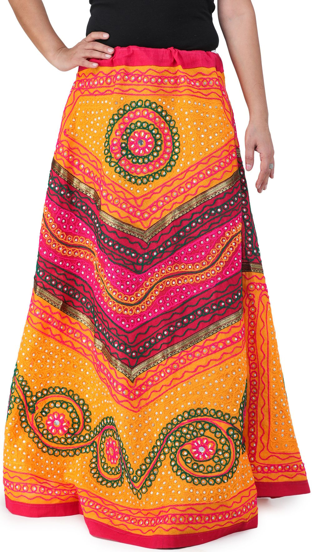 Yellow And Green Long Ghagra Skirt from Jaipur with Aari Embroidery and Sequins