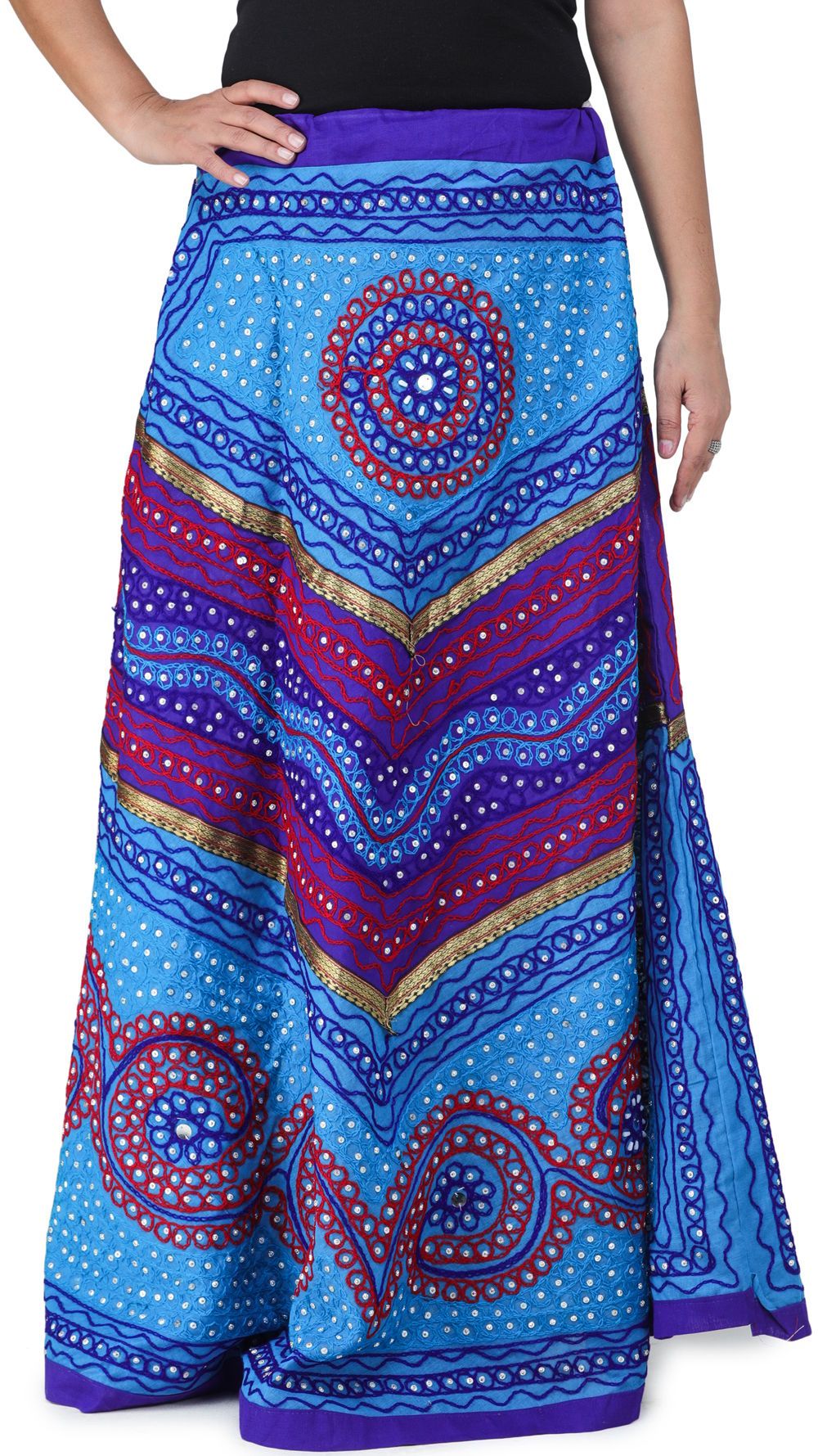 Turquoise And Blue Long Ghagra Skirt from Jaipur with Aari Embroidery and Sequins