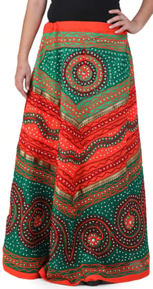 Green And Orange Long Ghagra Skirt from Jaipur with Aari Embroidery and Sequins