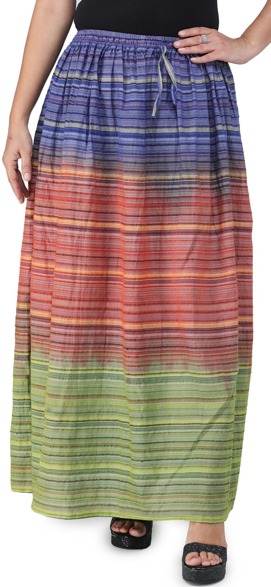 Purple-Green Long Summer Skirt with Stripes Woven in Multi-Color Thread and Dori on Waist