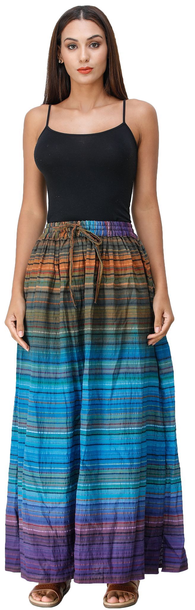 Swedish-Blue Long Summer Skirt with Stripes Woven in Multi-Color Thread and Dori on Waist