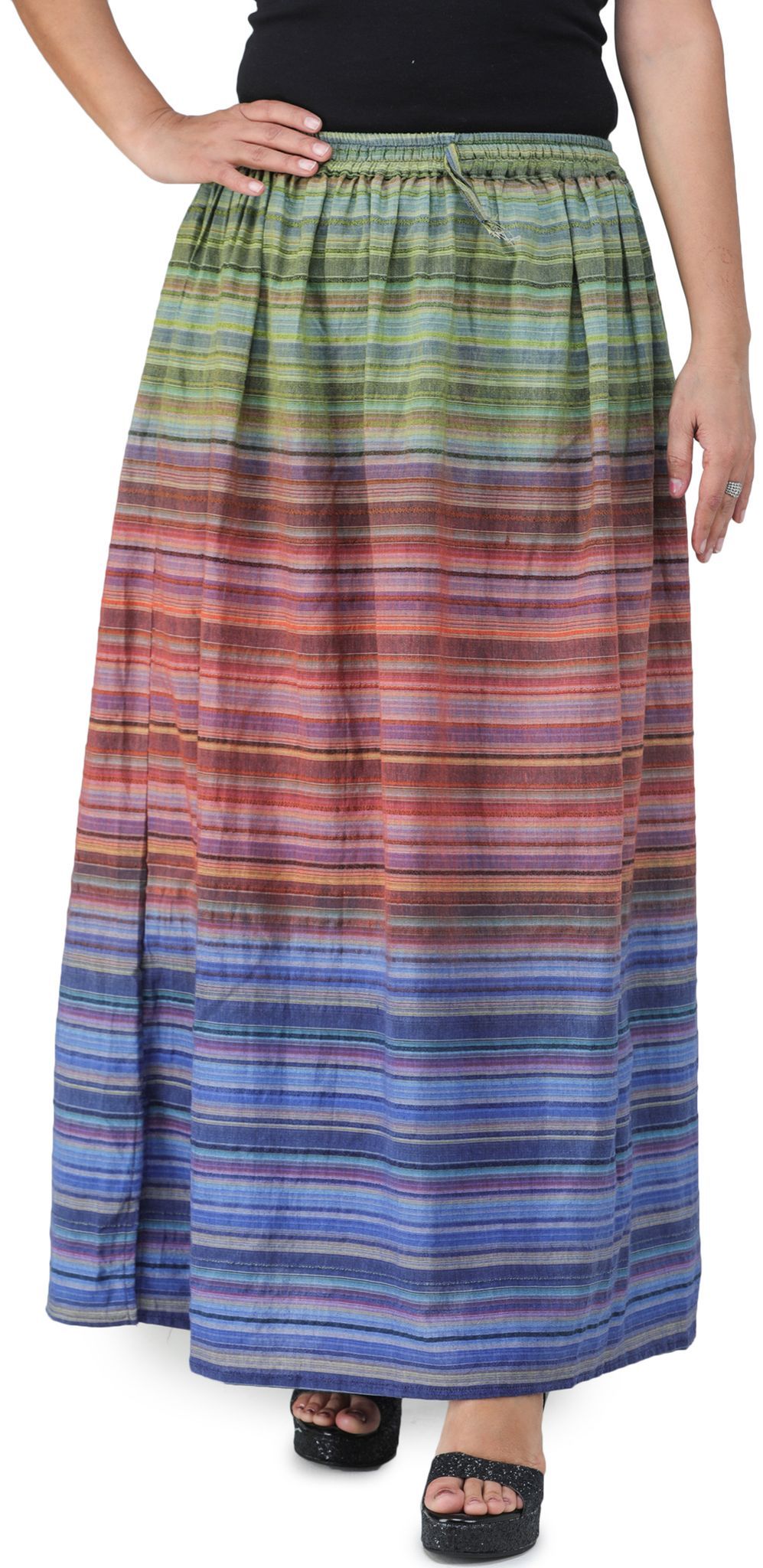 Green-Purple Long Summer Skirt with Stripes Woven in Multi-Color Thread and Dori on Waist