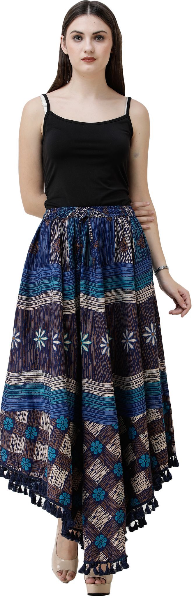 Twilight-Blue Printed Fish-Cut Skirt with Tassels on Border