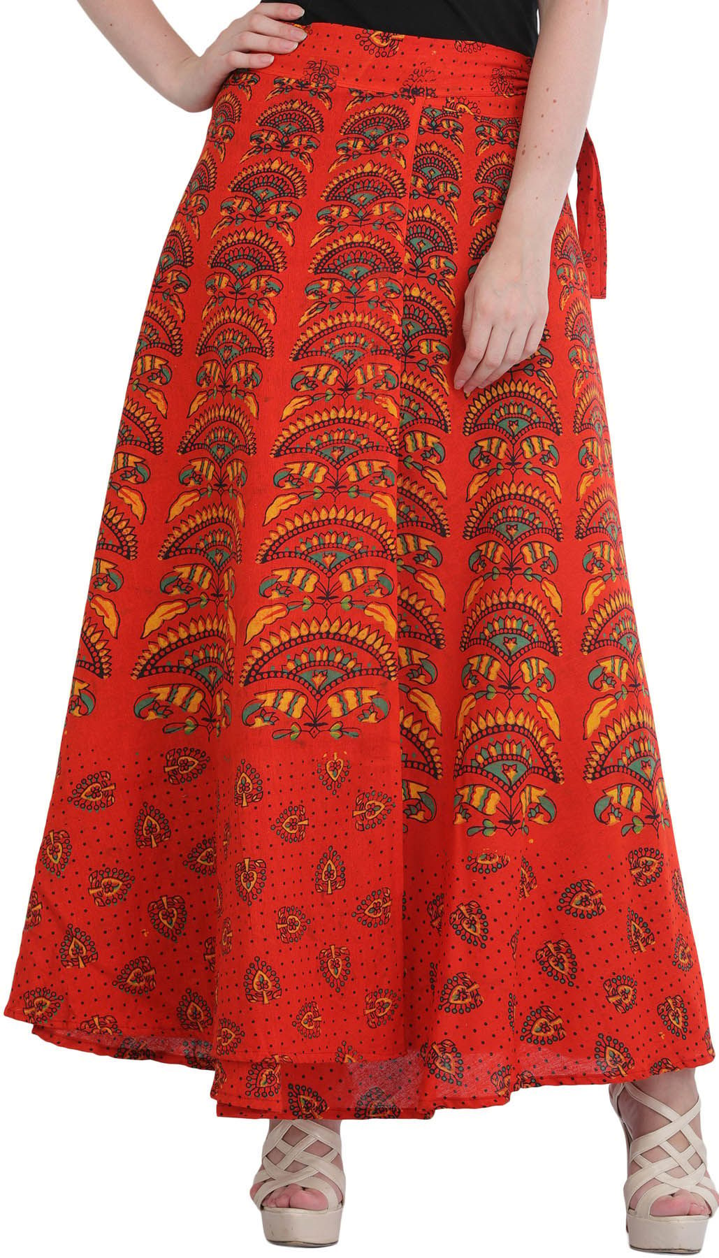 Cherry-Tomato Wrap-Around Printed Long Skirt from Pilkhuwa