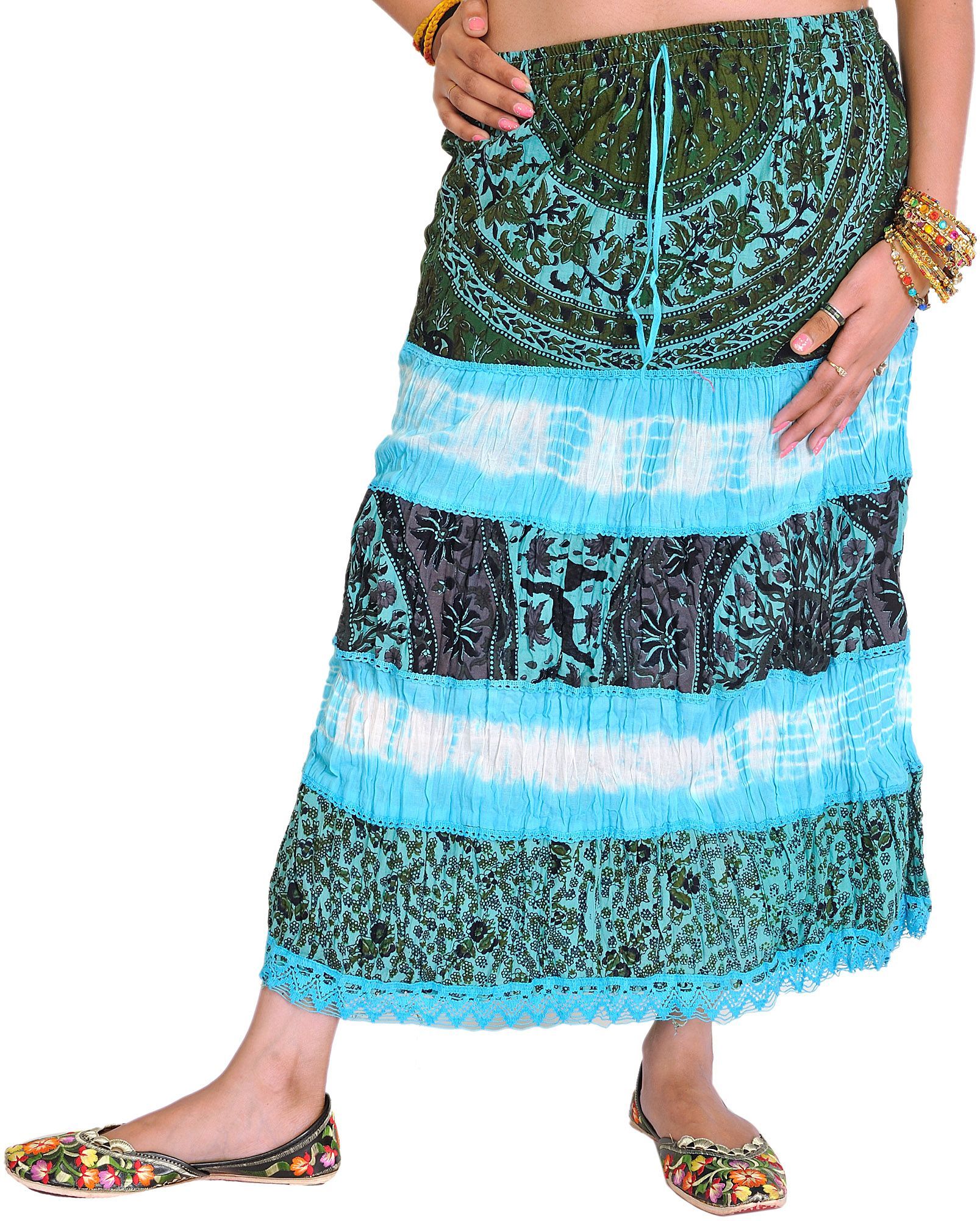 River-Bue Batik-Dyed Midi Skirt with Printed Flowers