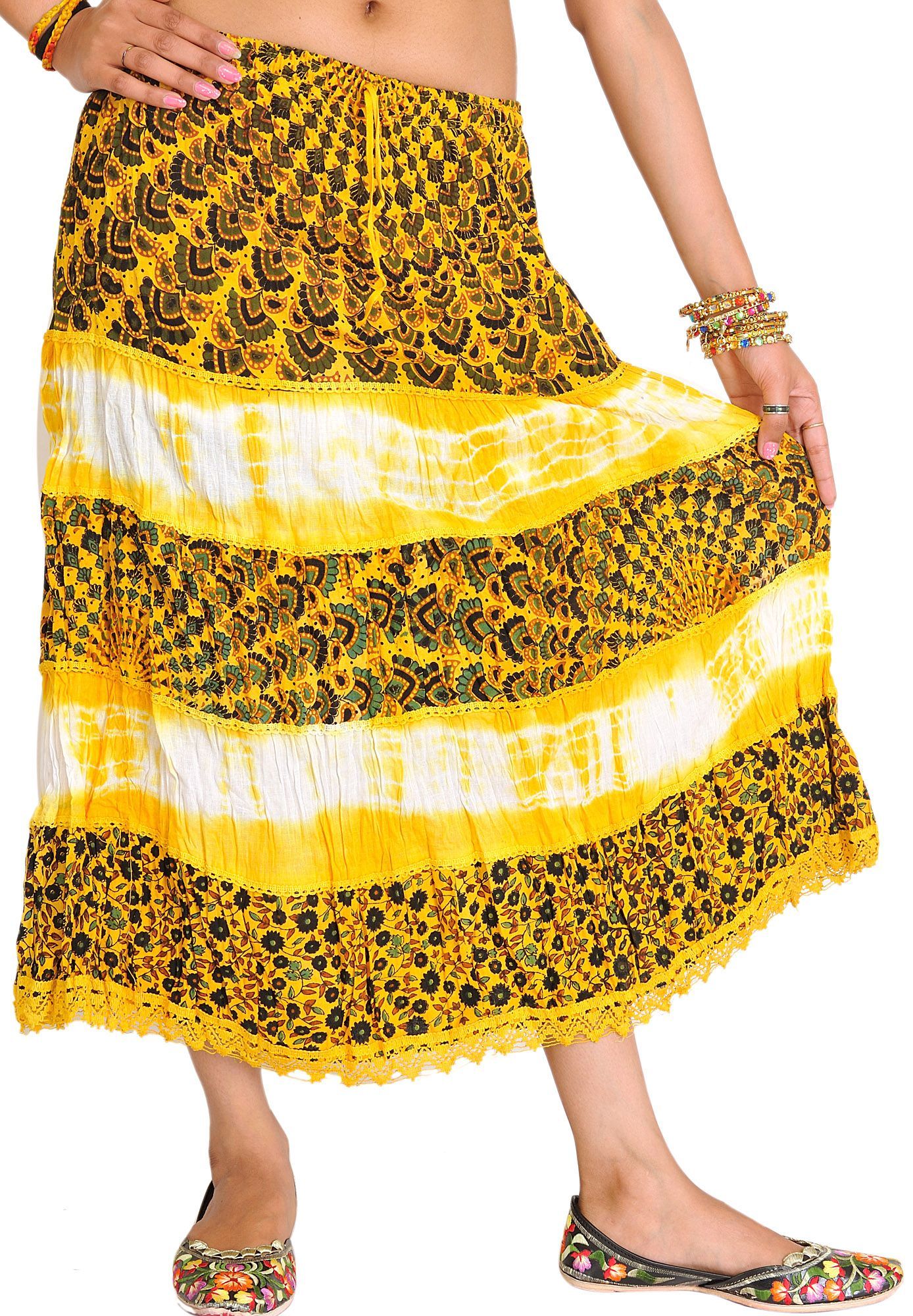 Daffodil Batik-Dyed Midi Skirt with Printed Flowers